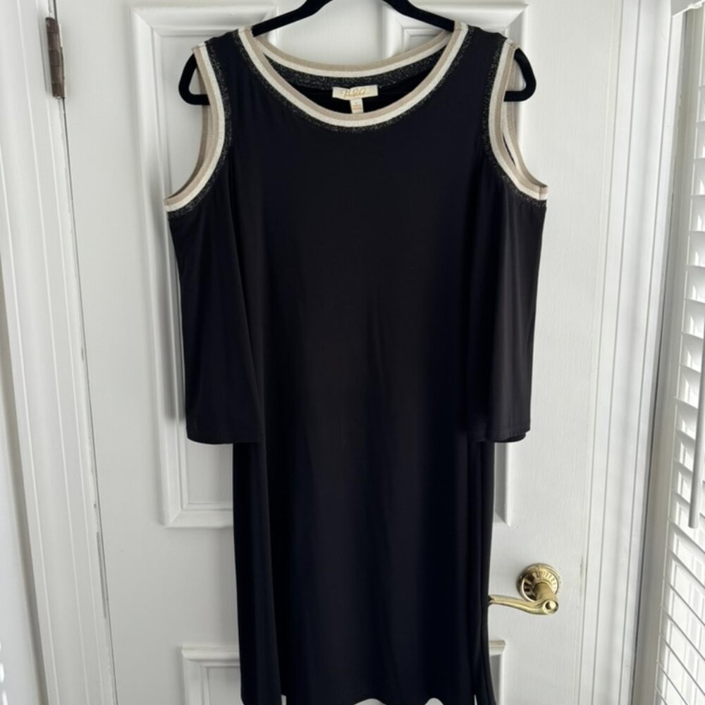 Prelude Black, Cream, and Gold Peek-a-boo Shoulder Dress